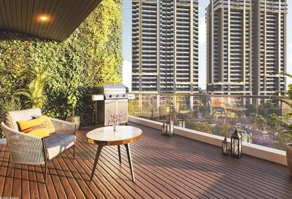 Stylish balcony with wooden flooring, grill, plants, and modern buildings in the background.