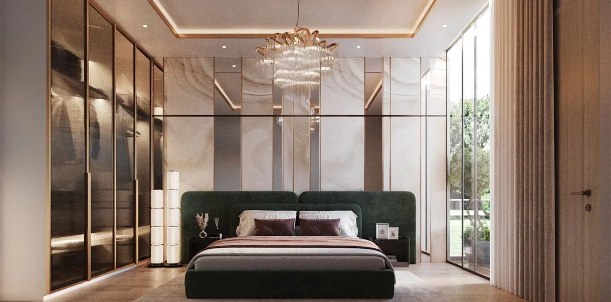 Spacious bedroom featuring a green bed, elegant chandelier, and large glass windows.