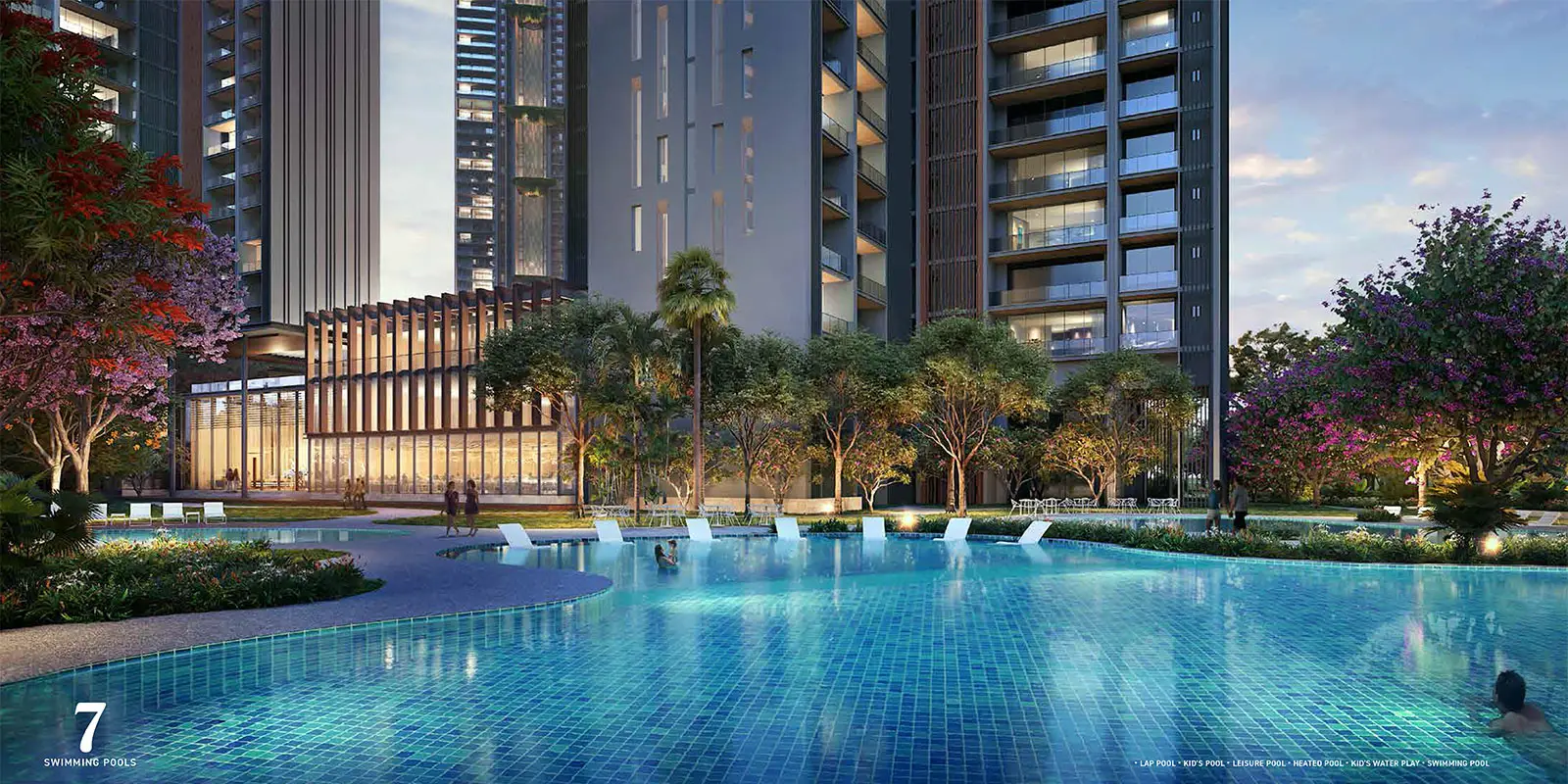 Modern swimming pool surrounded by greenery and tall buildings, with lounge chairs and people enjoying the water.