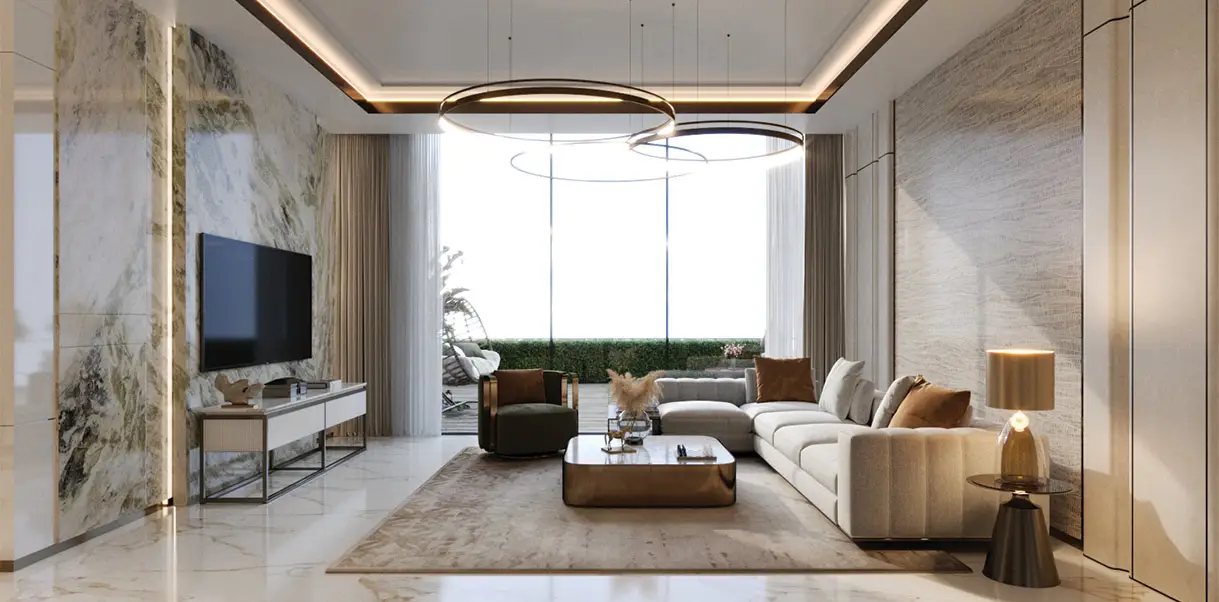 Spacious living room with large windows, elegant furniture, and stylish decor elements.