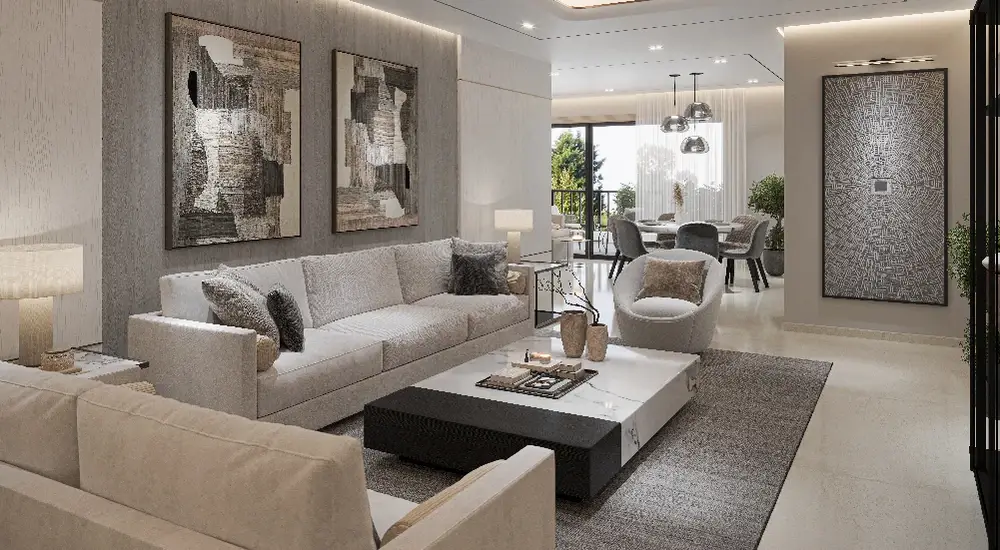 L-shaped living and dining room with modern furniture, artwork, and large windows.