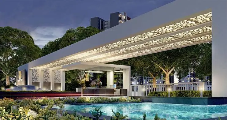 A contemporary pavilion with intricate design, surrounded by greenery and a swimming pool.