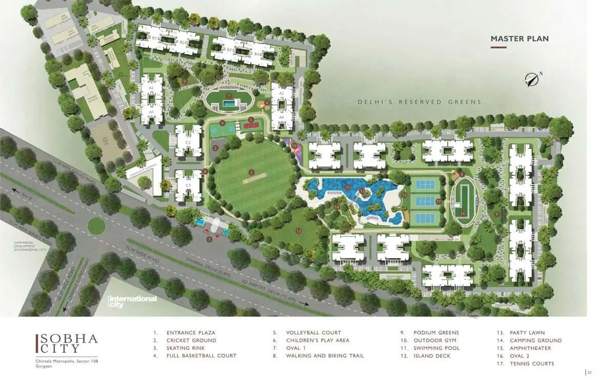 Detailed layout of Sobha City featuring amenities like parks, sports courts, and residential buildings.