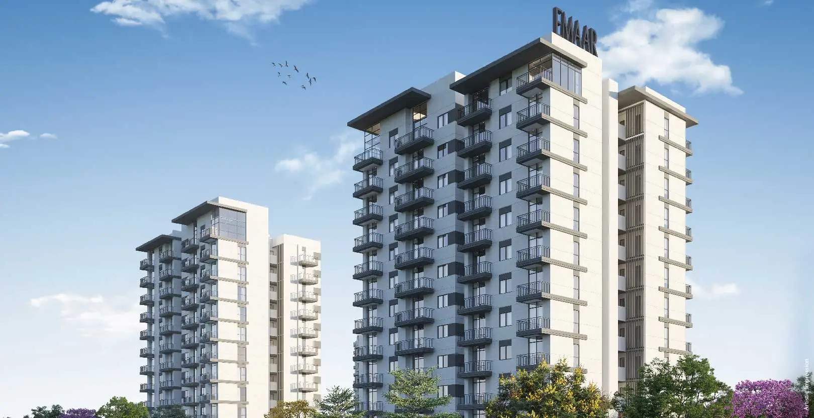Two modern residential towers with balconies under a clear blue sky and greenery below.