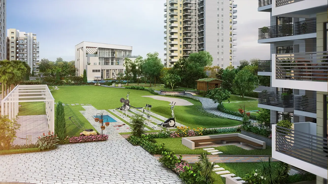 Spacious garden with exercise equipment, pathways, and modern buildings in background.