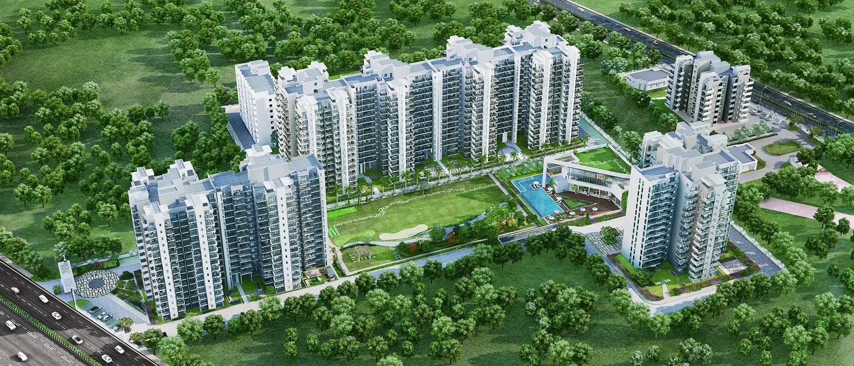 Aerial view of a modern residential complex with multiple high-rise buildings and green landscaping.