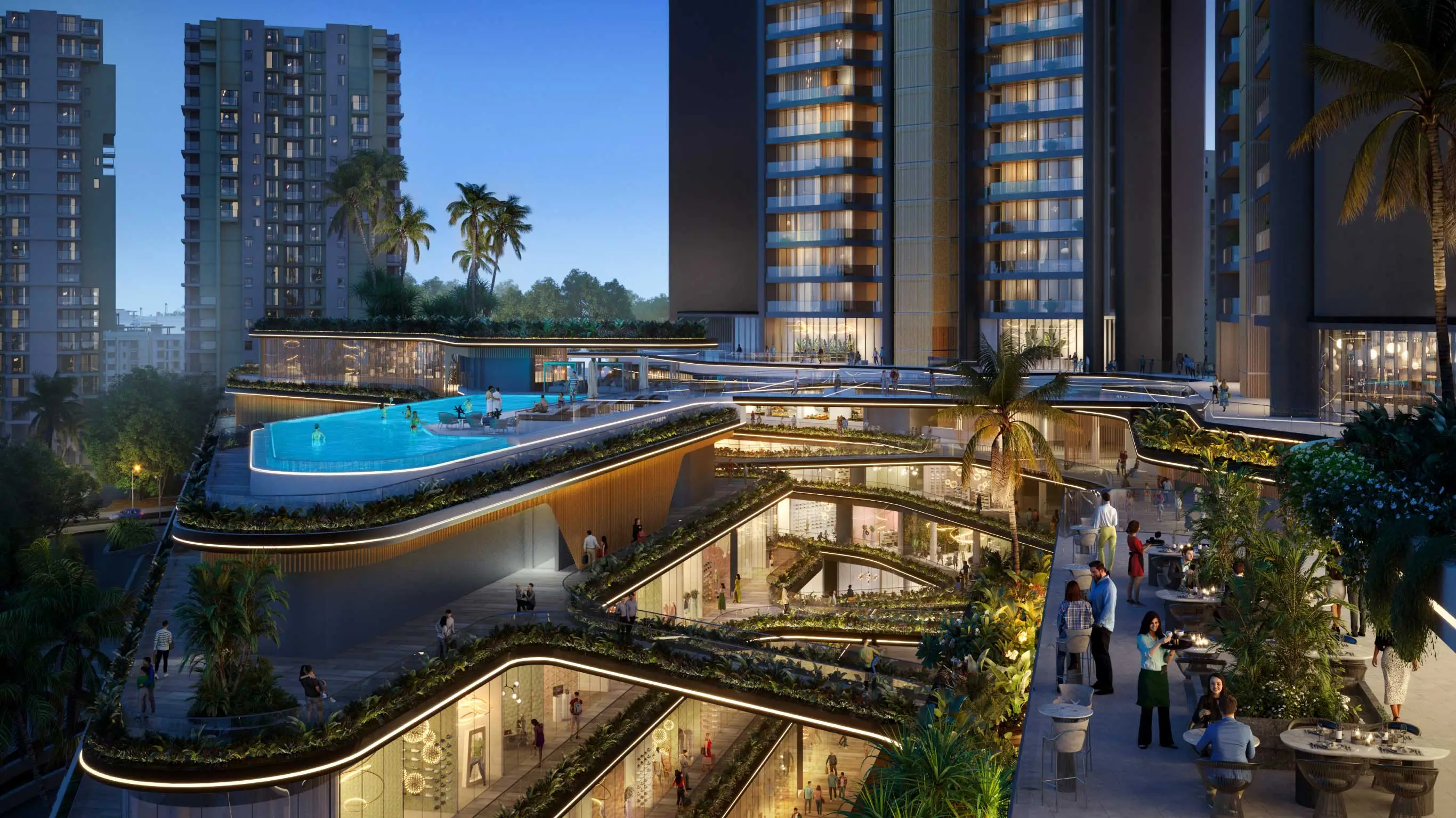 A multi-level residential complex featuring a pool, lush landscaping, and people socializing.