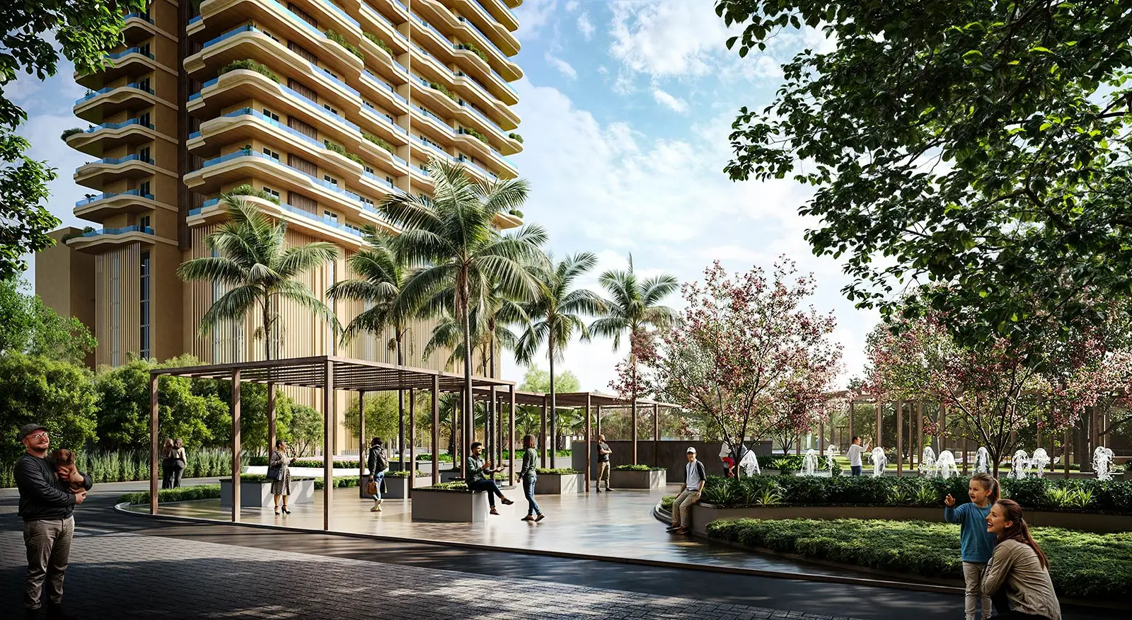 A tall residential building surrounded by palm trees and landscaped gardens with people enjoying the space.