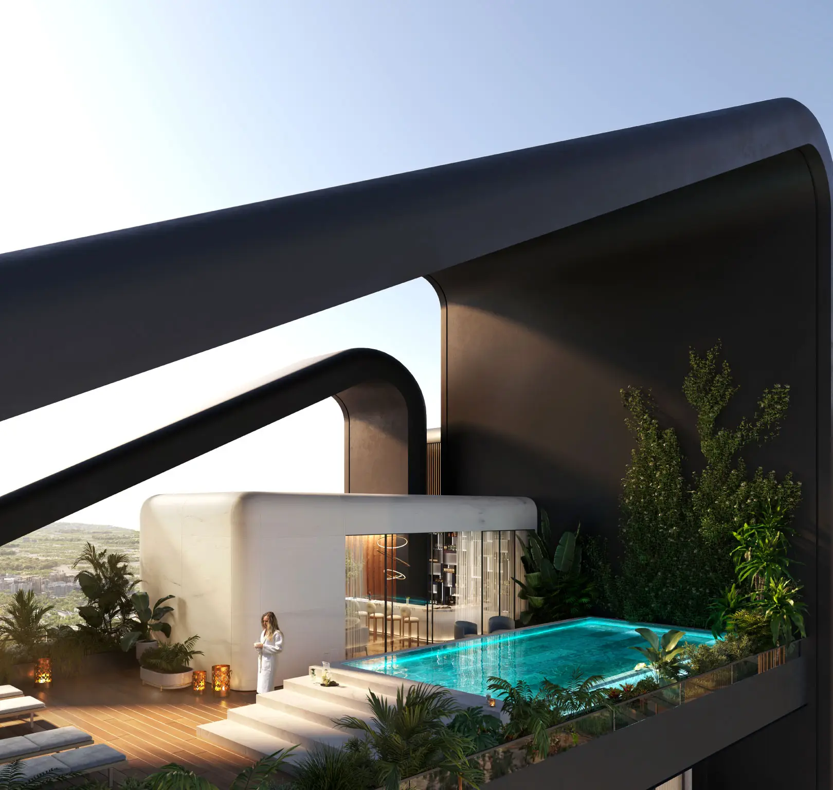 Contemporary building with a pool, lush greenery, and a person in a white robe.