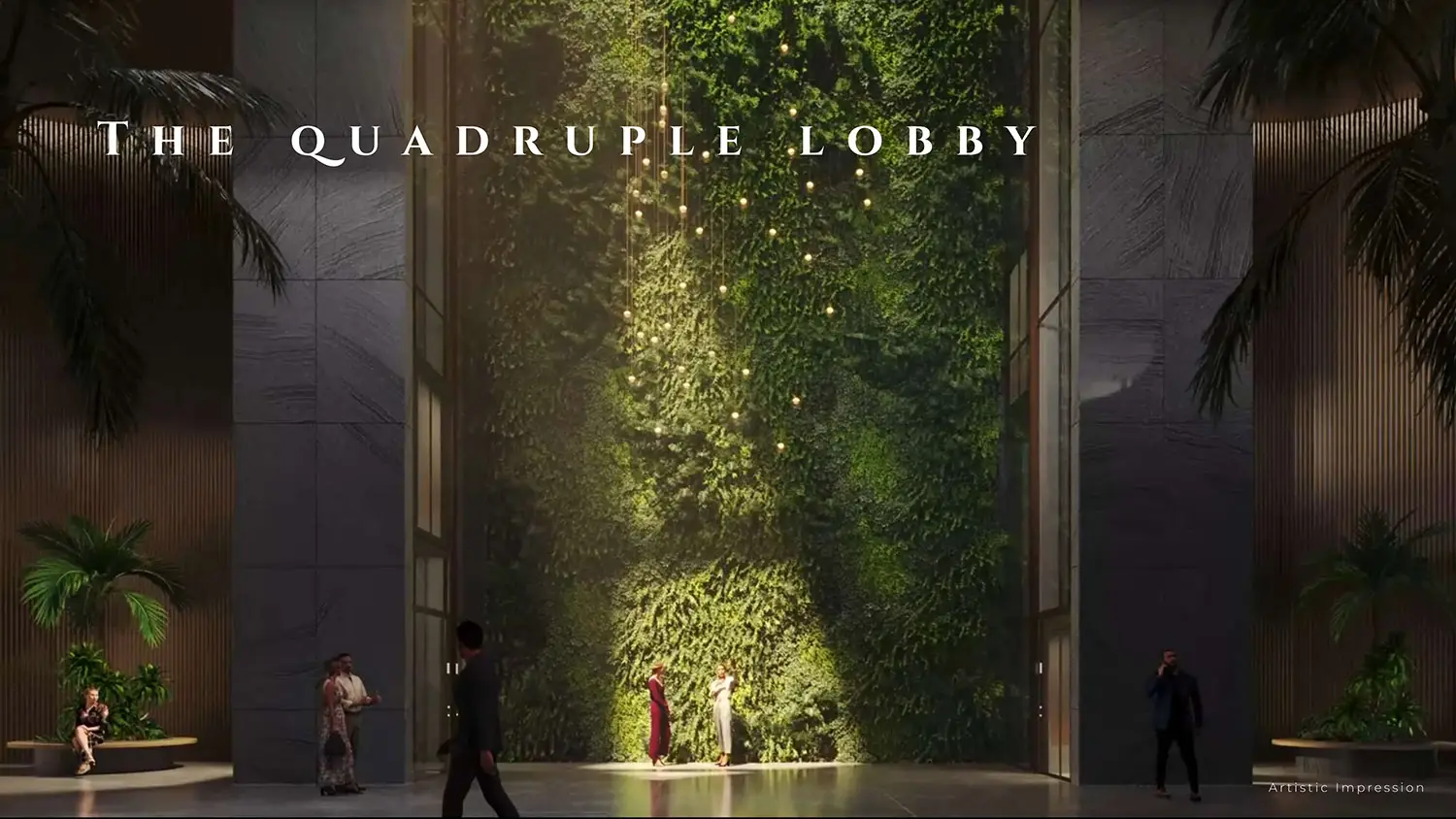 Interior view featuring a vertical garden, hanging lights, and people interacting in a spacious lobby.