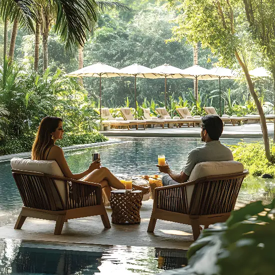 A couple enjoys drinks in wooden chairs by a serene pool surrounded by lush greenery and lounge chairs.