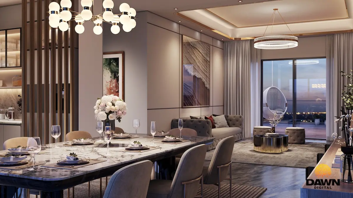 Modern dining area with a large table, elegant chairs, and decorative lighting fixtures.