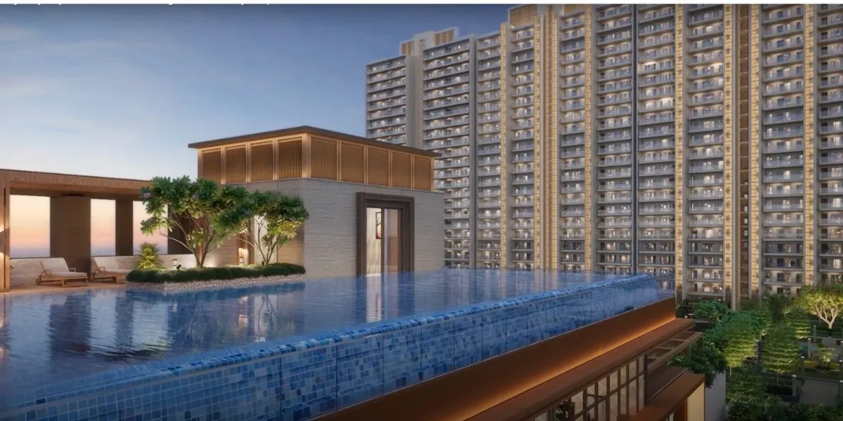 A luxurious infinity pool with a scenic view, surrounded by modern residential buildings.
