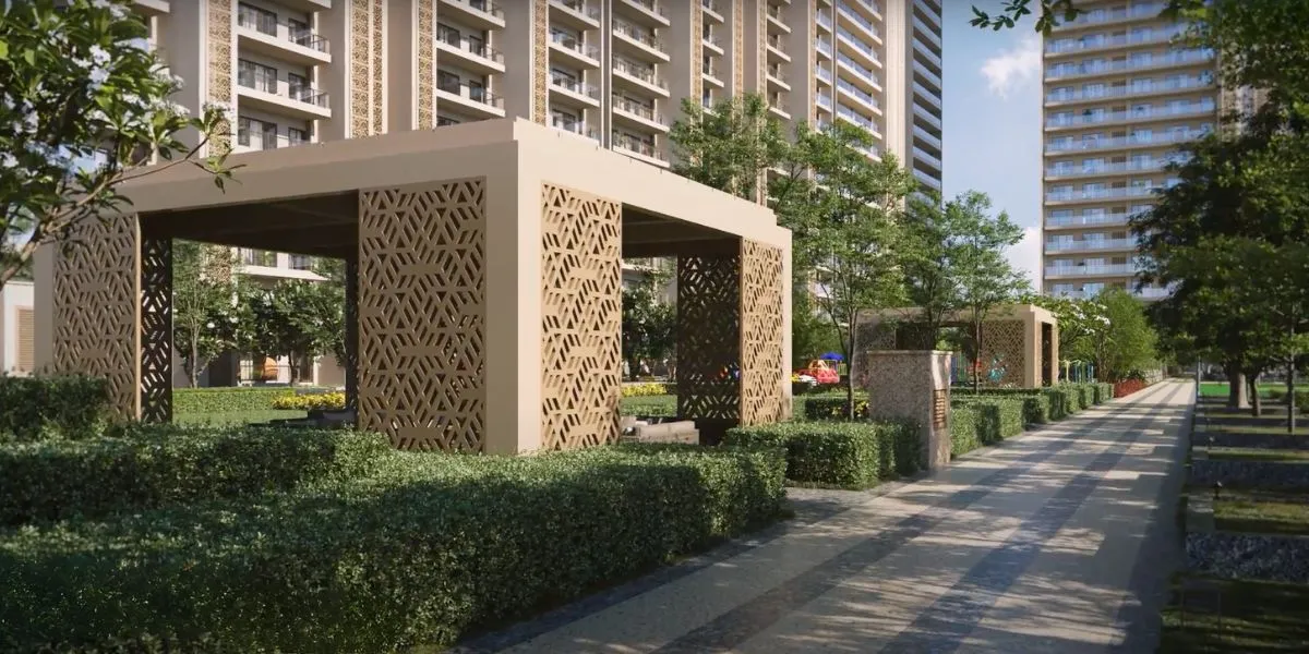 Two decorative sitouts surrounded by greenery and pathways in a residential area.