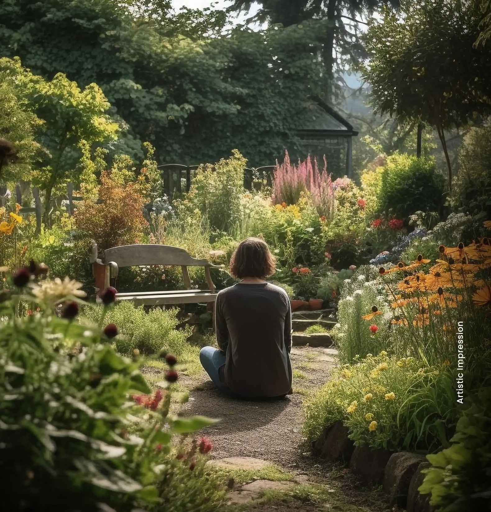 A person sits on a bench in a vibrant garden filled with colorful flowers and greenery.