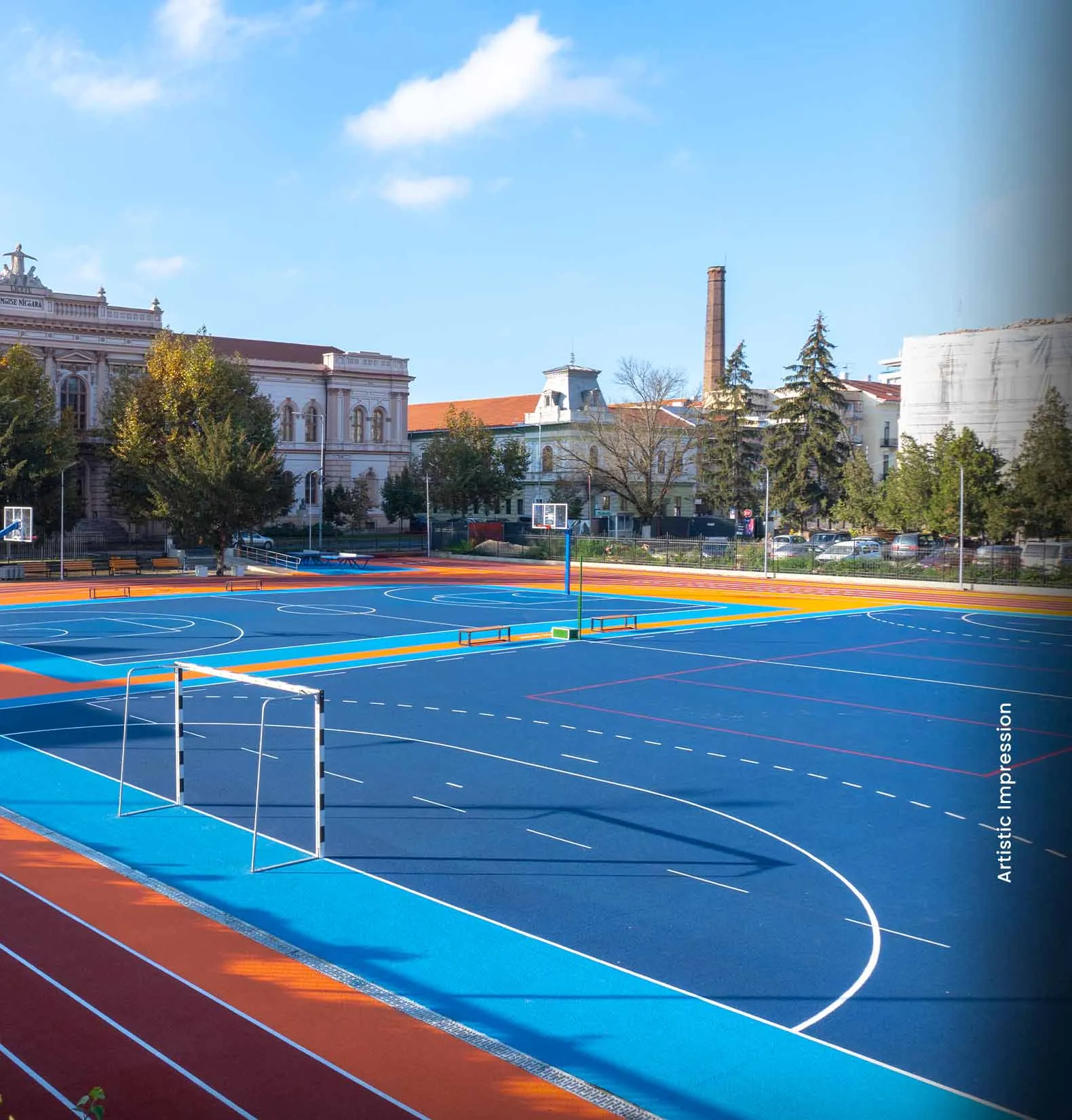 Colorful sports courts with basketball hoops and a soccer goal, surrounded by trees and buildings.