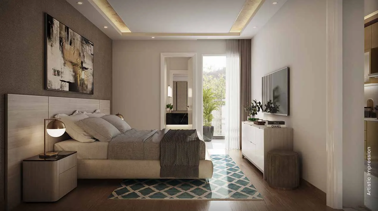 A cozy bedroom featuring a large bed, artwork, TV, and plants by the window.