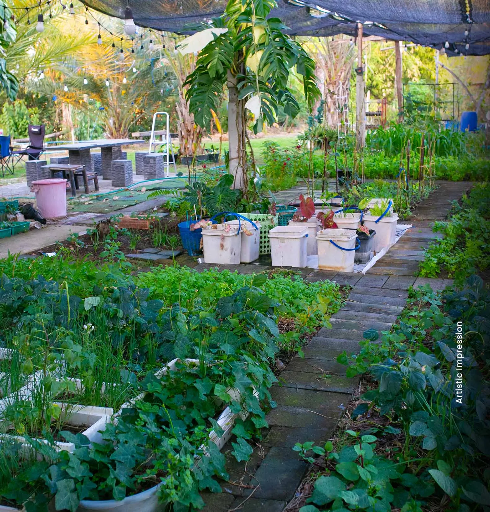 Lush garden with various plants, pots, and a shaded seating area in the background.