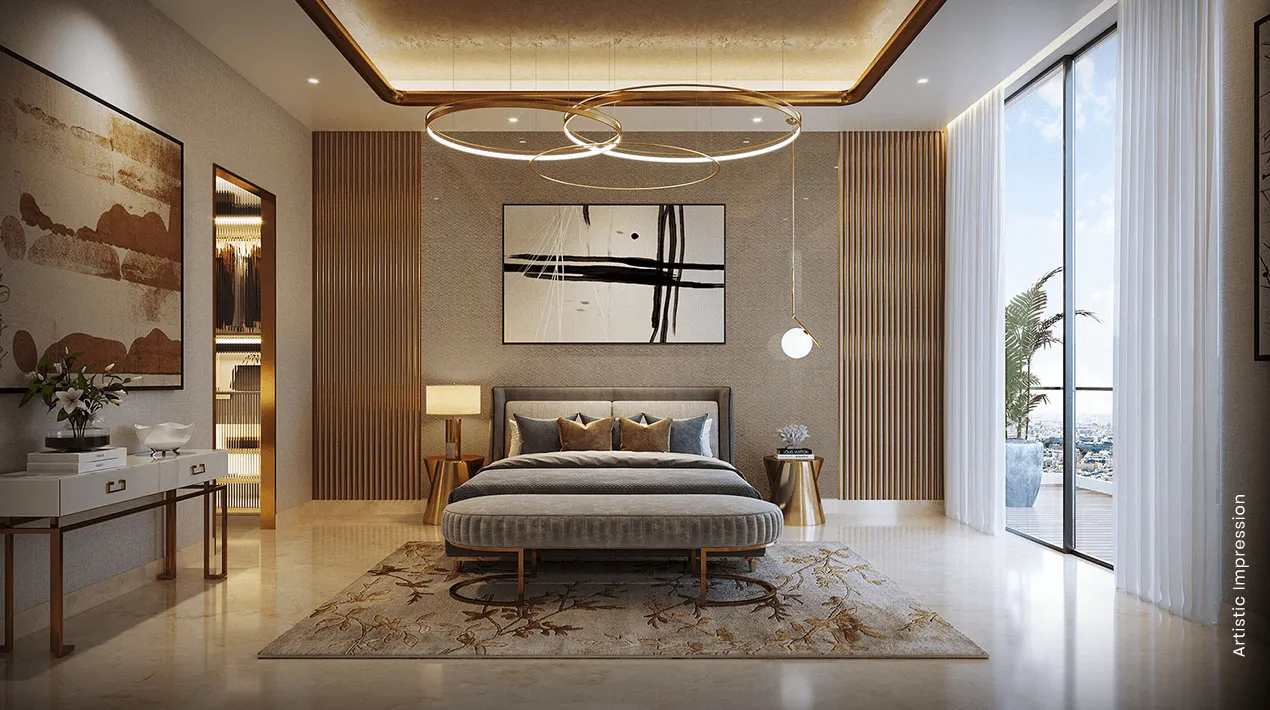 Stylish bedroom with a large bed, decorative rug, artwork, and floor-to-ceiling windows.