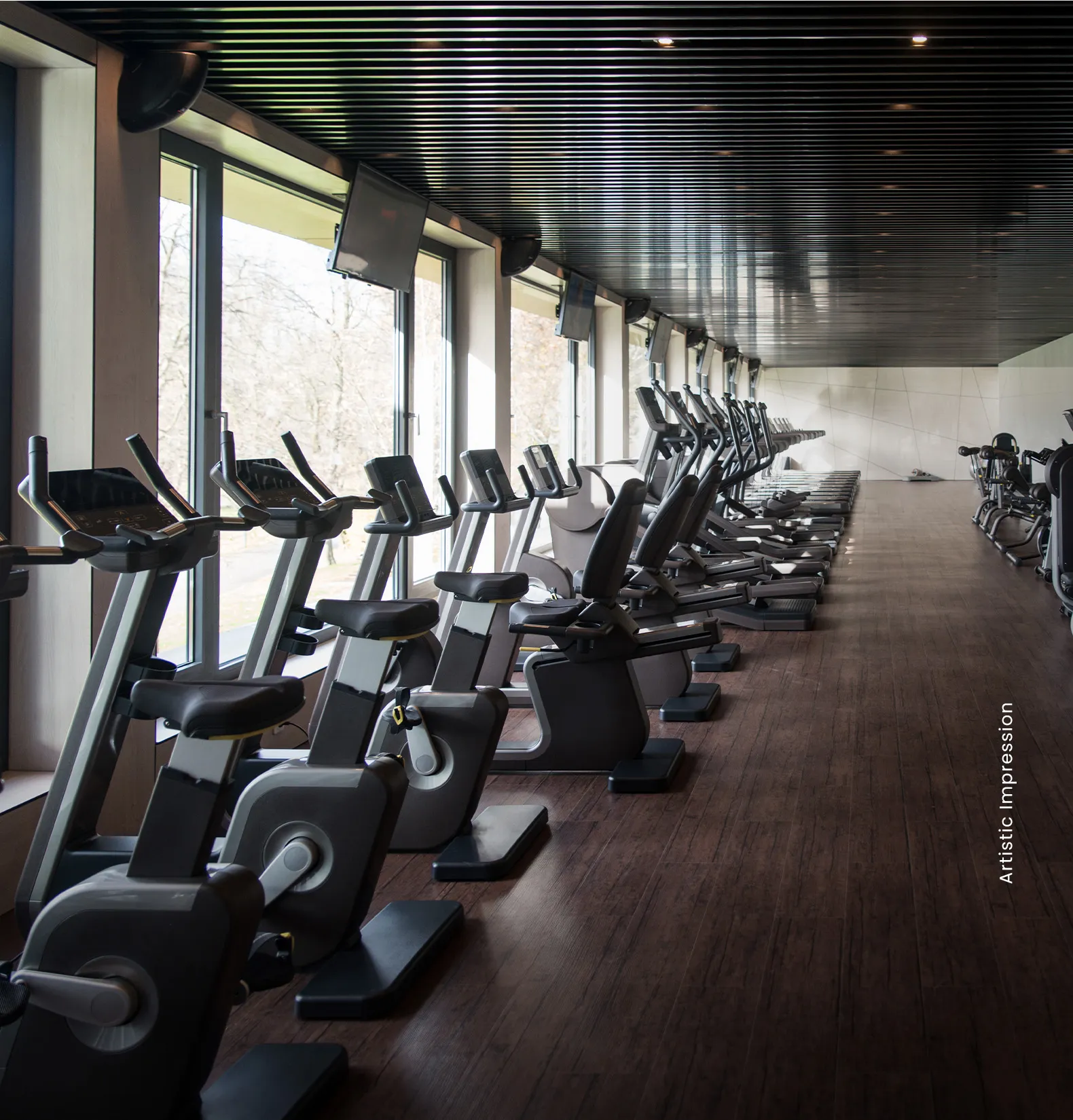 Row of exercise bikes lined up beside large windows in a modern gym.