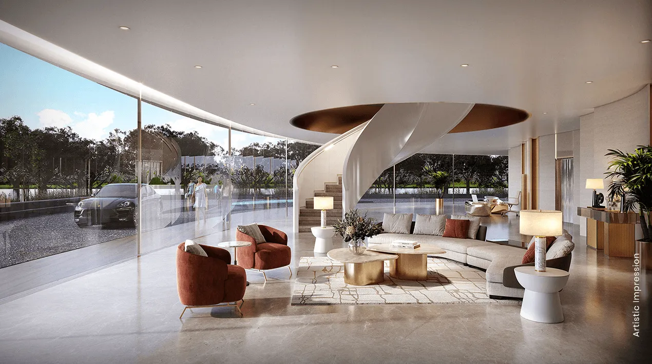 Stylish lobby with spiral staircase, plush seating, large windows, and decorative plants.