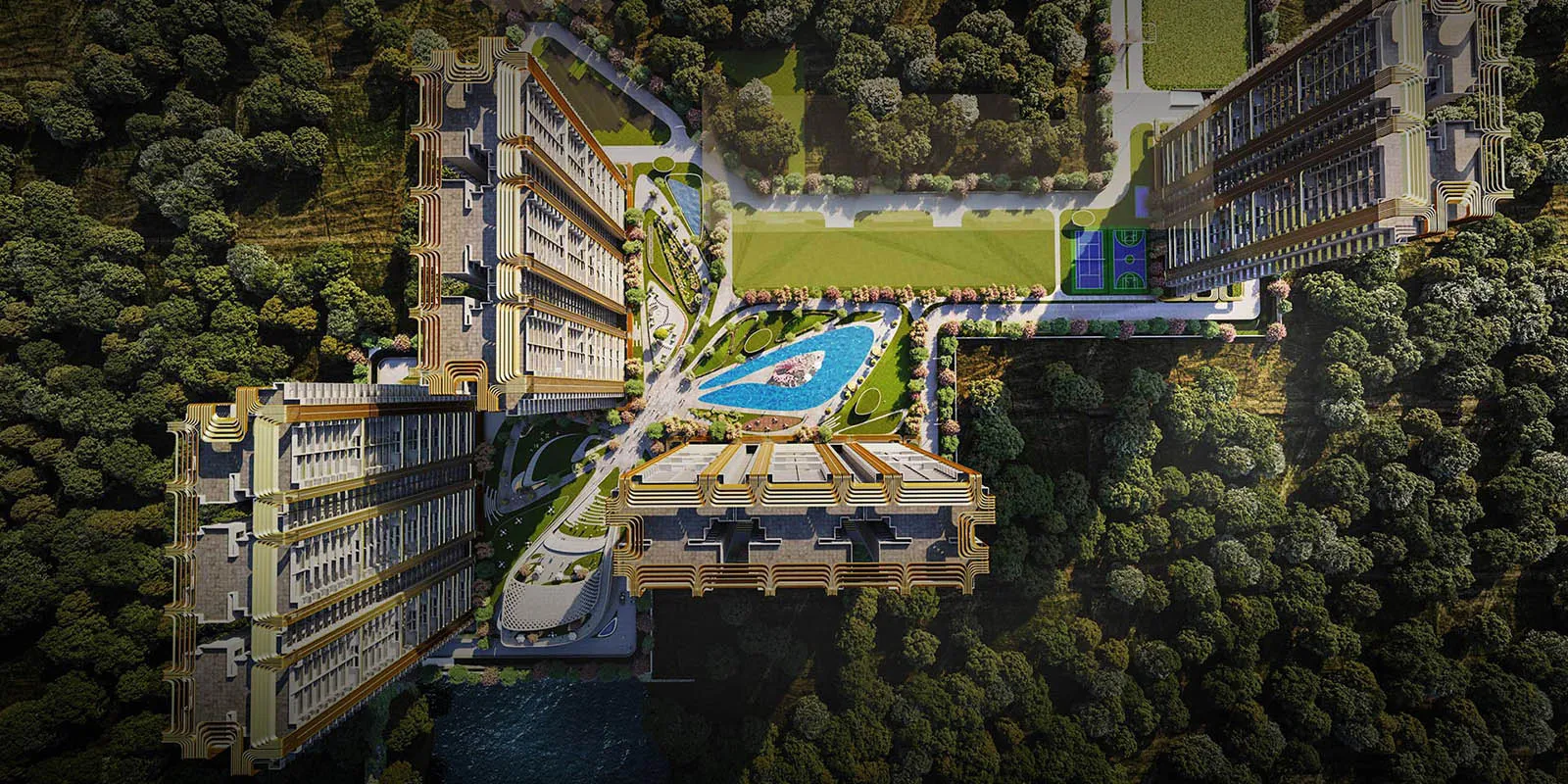 Aerial view of M3M Crown project featuring buildings, green spaces, and a central water feature.