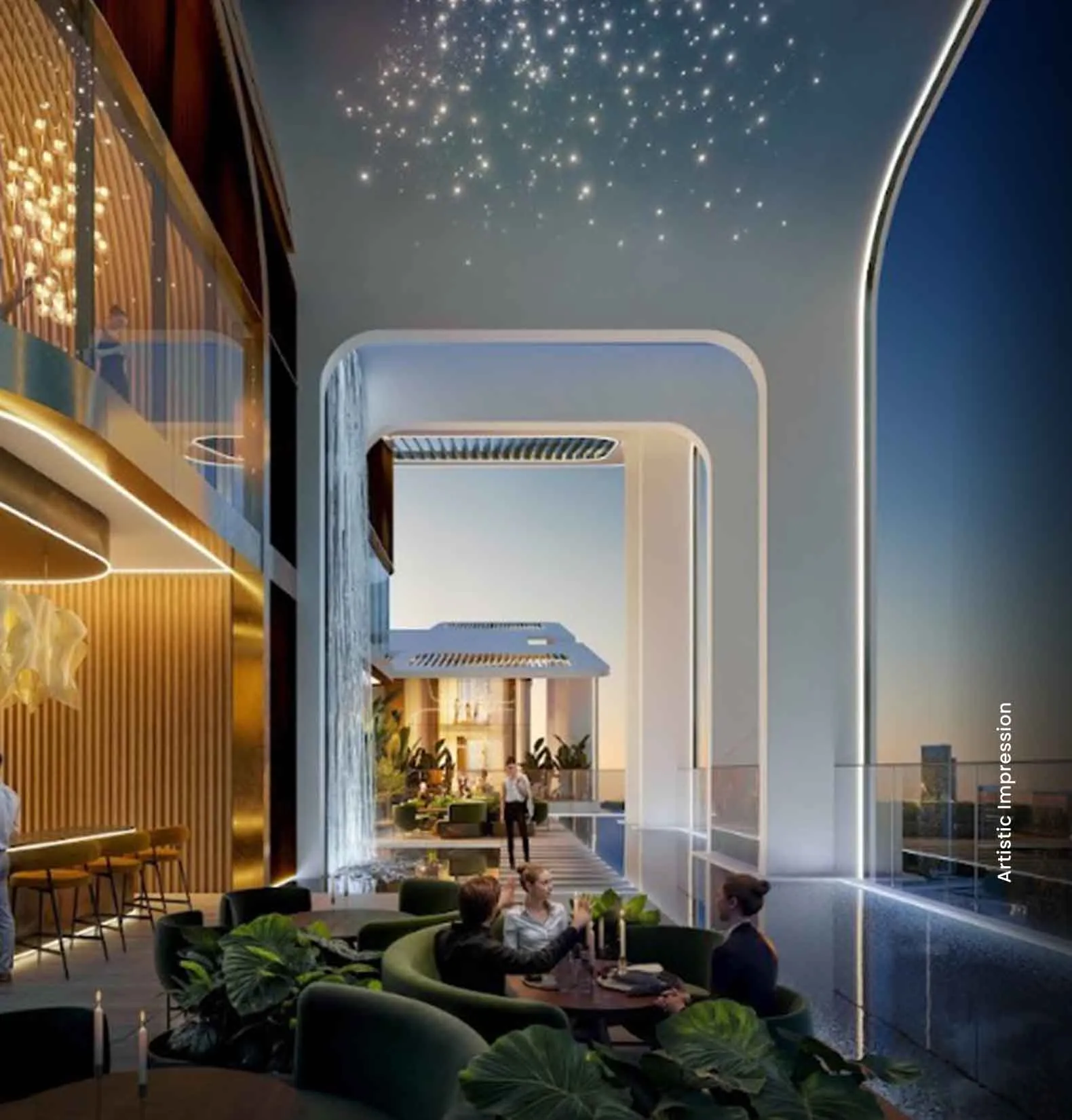 Modern dining space with green seating, elegant lighting, and a view of an outdoor terrace.