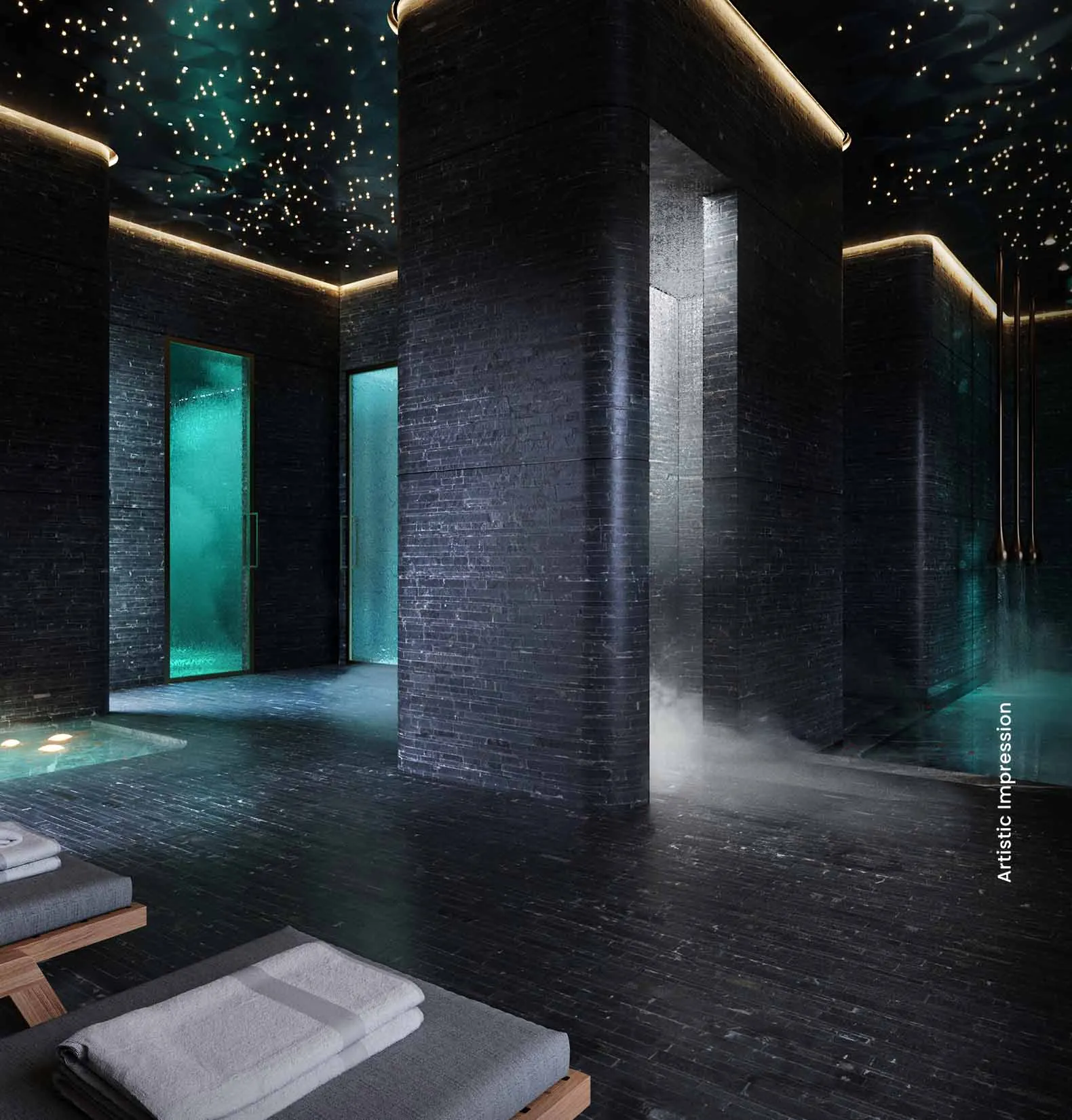 Modern steam room with dark stone walls, glowing lights, and wooden benches with towels.