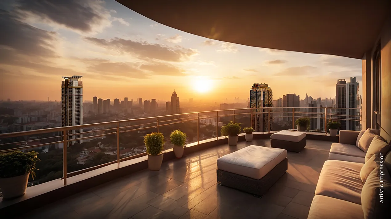 Modern balcony with seating, potted plants, city skyline, and sunset view.