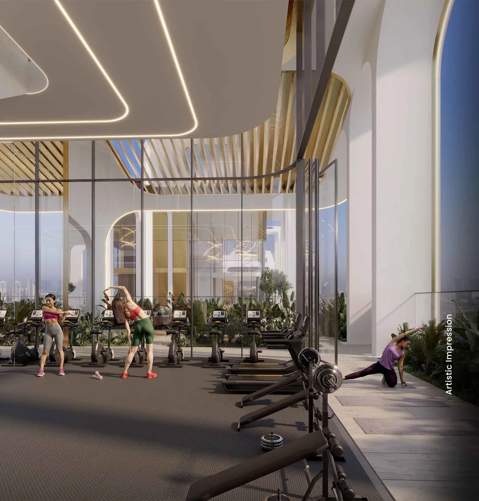 Modern gym with large windows, fitness equipment, and people exercising in stylish activewear.