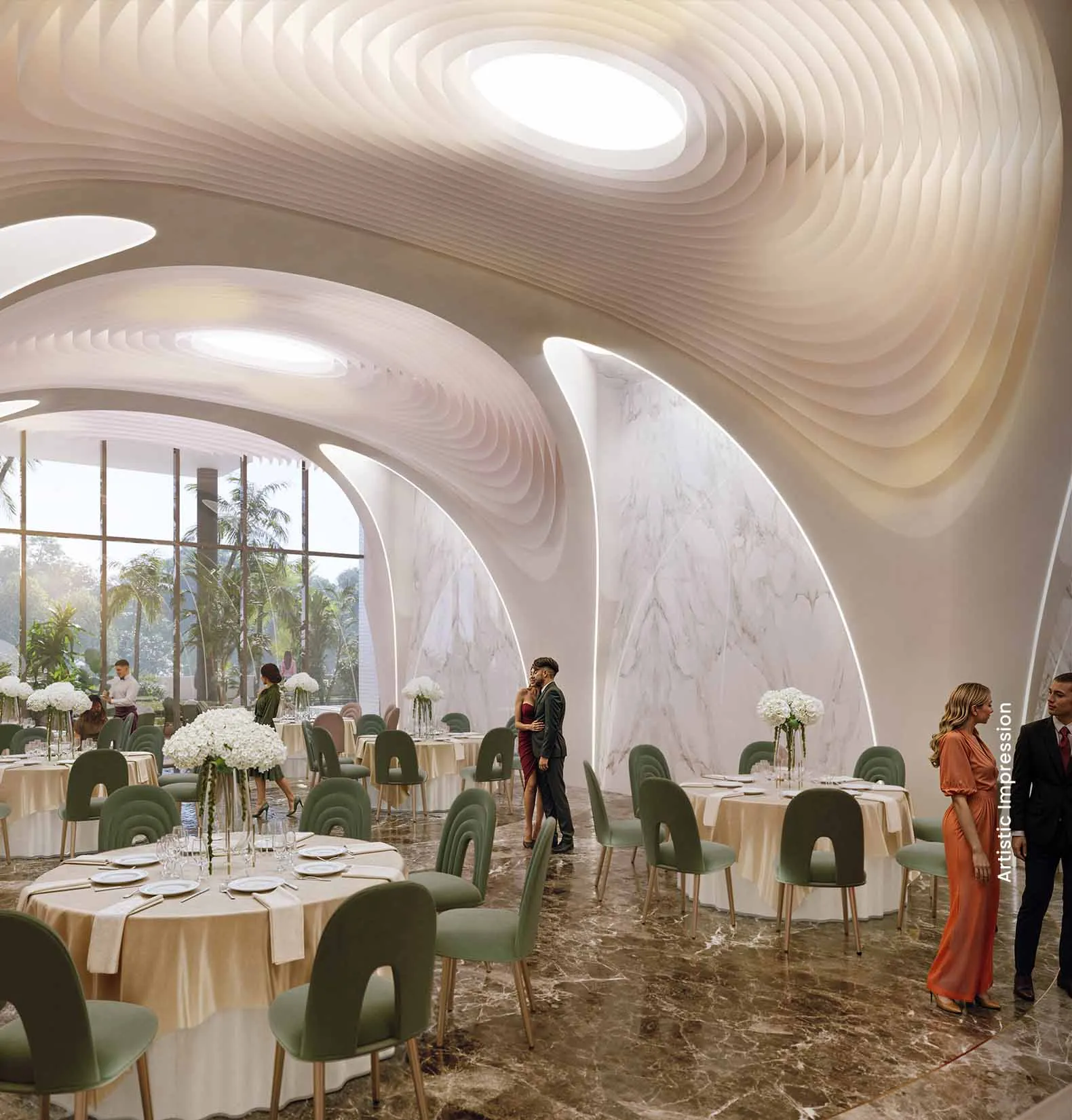 Elegant banquet hall with modern decor, round tables, greenery, and stylish lighting.