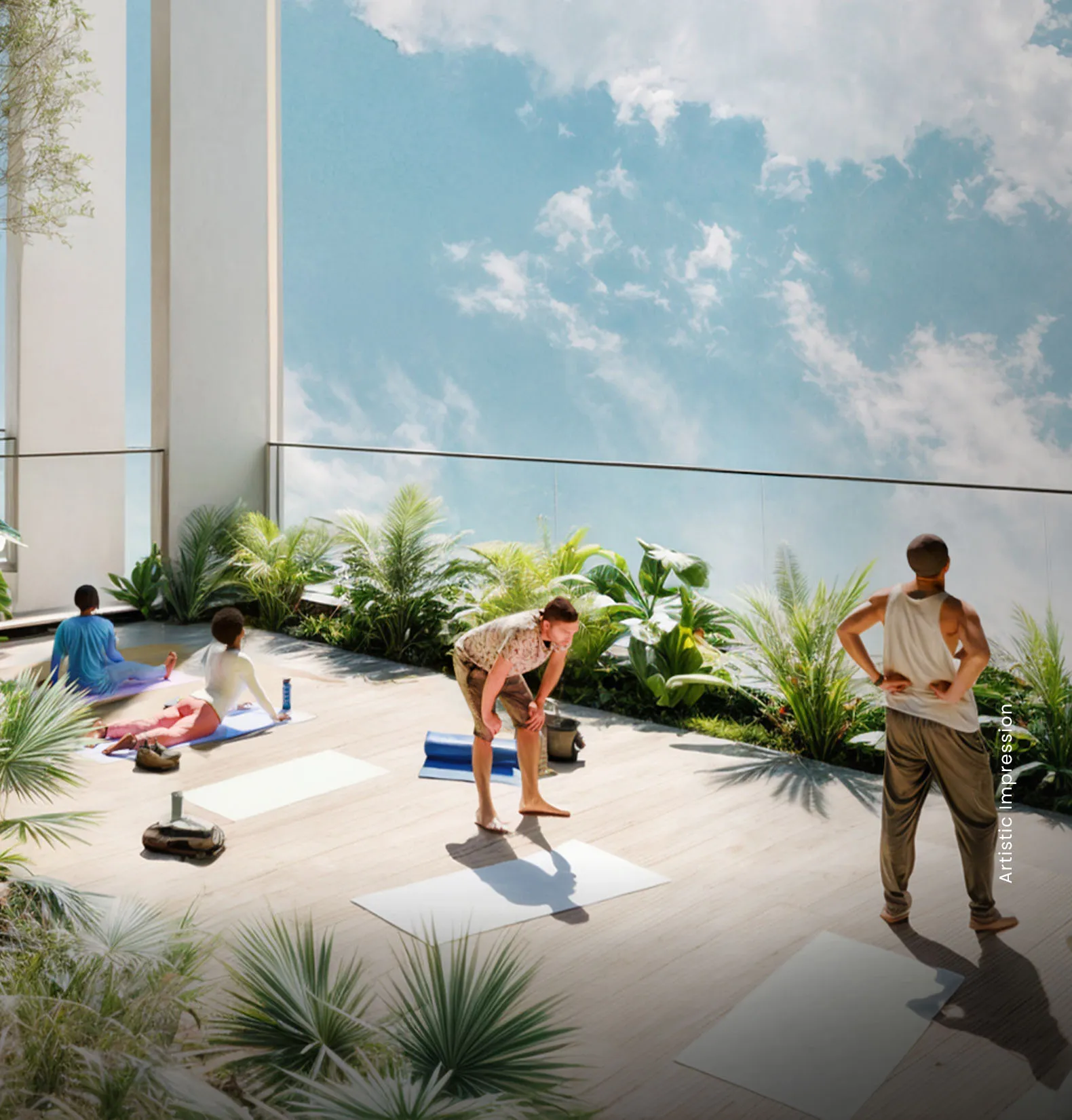 Four individuals practicing yoga on mats surrounded by greenery and a bright sky backdrop.
