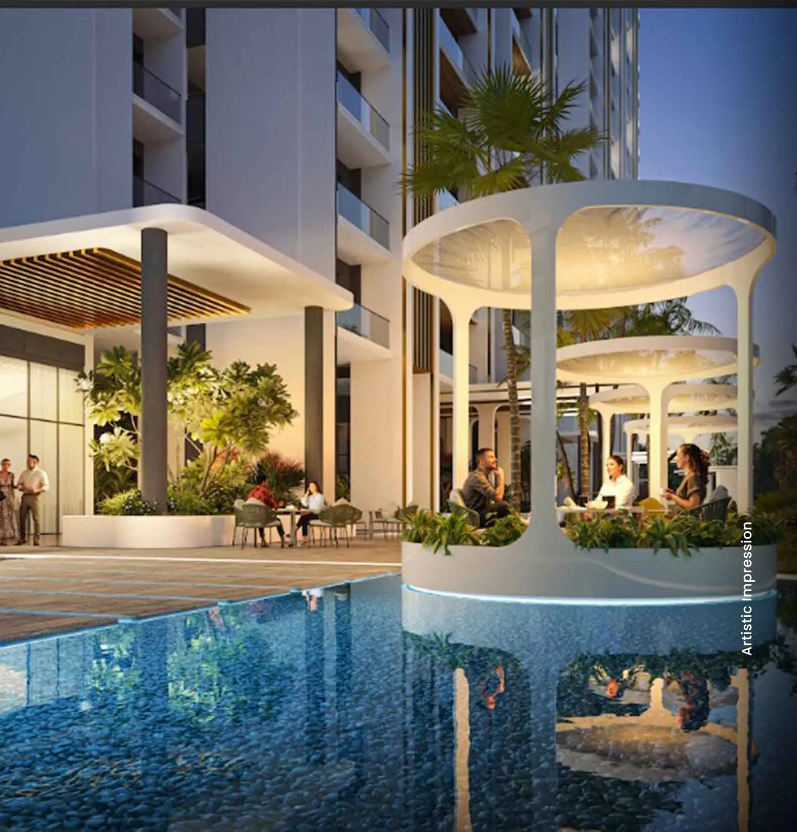 Modern outdoor seating area with circular pods, lush plants, and a reflective pool.