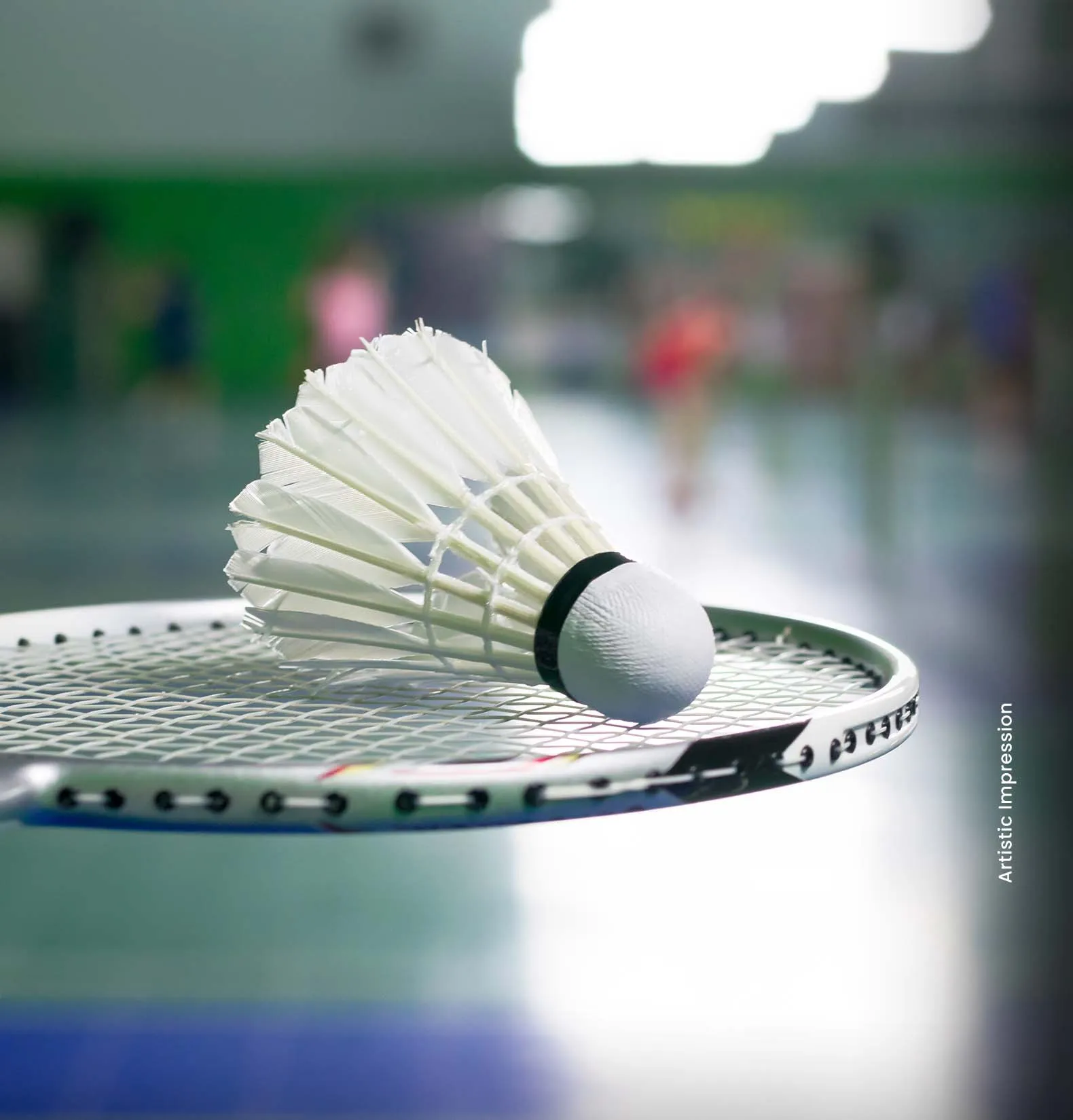 A badminton shuttlecock resting on a racket's strings with a blurred background of players.