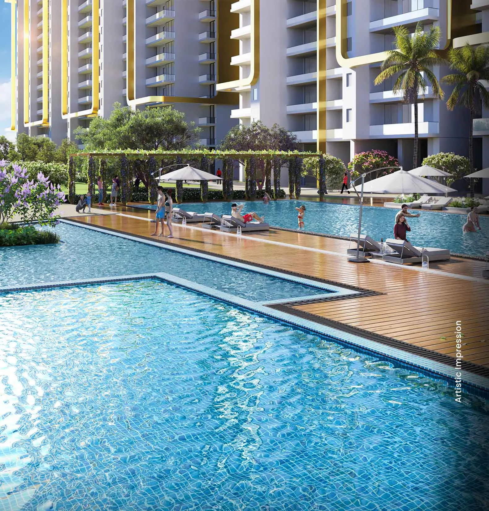 A large swimming pool with wooden decking, lounge chairs, and people enjoying the water.