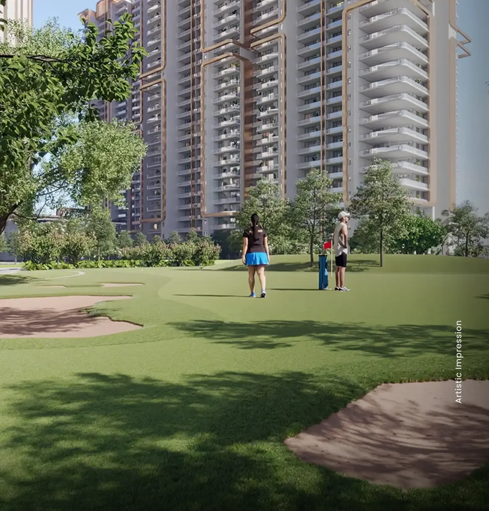 Two people on a golf course in front of a tall residential building surrounded by trees.