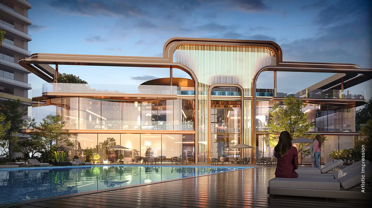 Modern architectural design of M3M Mansion with large glass windows and a pool.