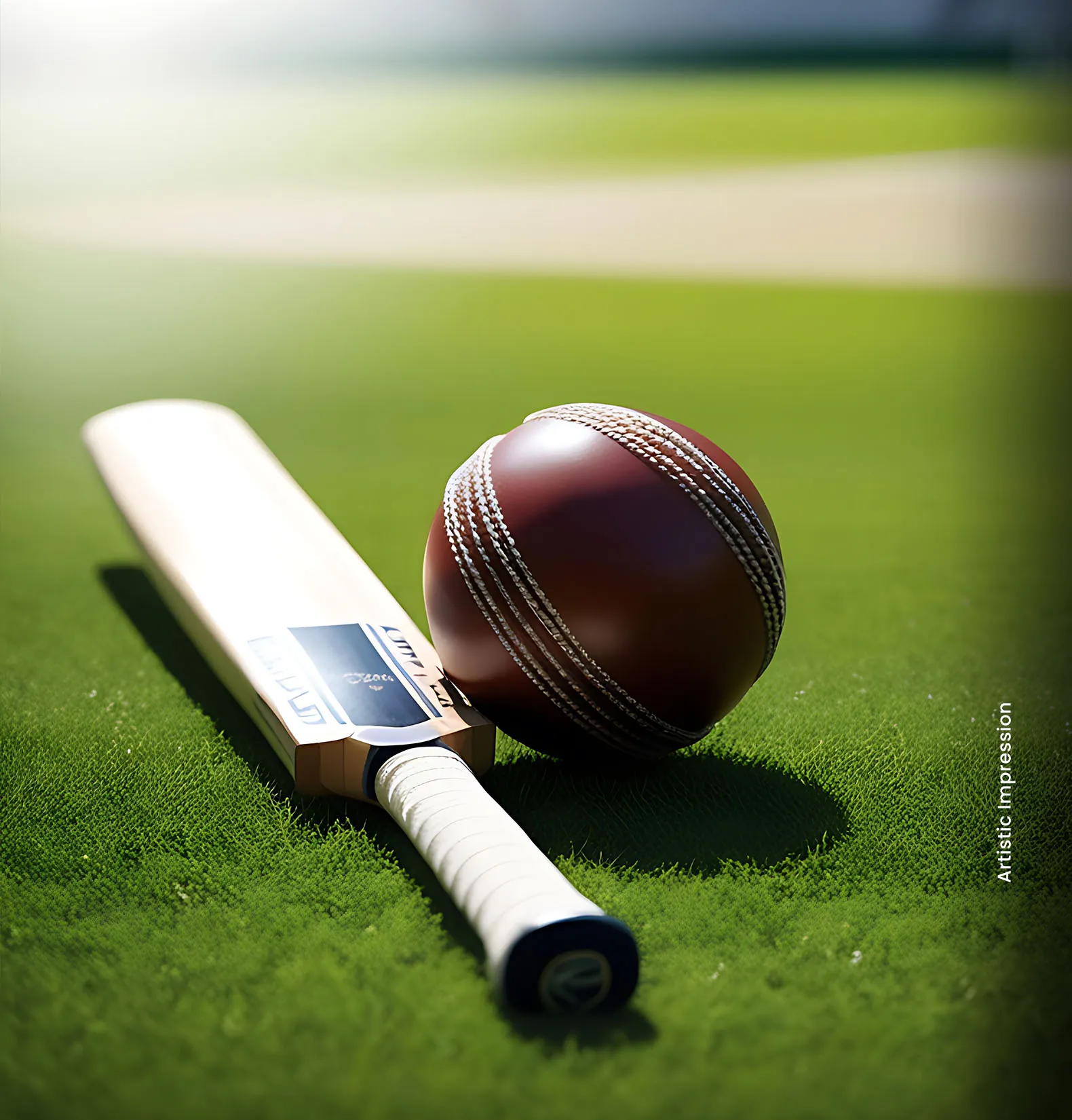 A cricket bat and ball resting on green grass, with a blurred background.