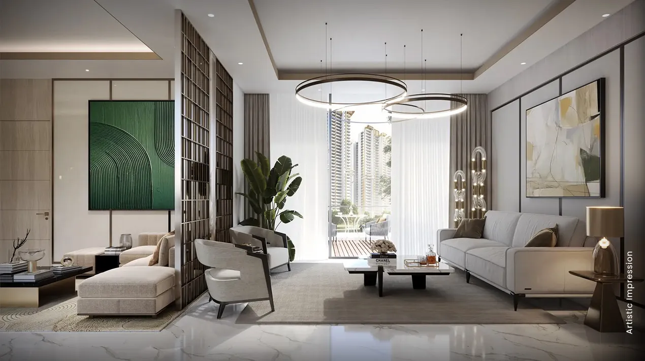 Spacious living room with large windows, contemporary furniture, and green wall art.