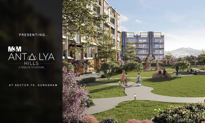 Residential complex with green lawn, playground, and children playing in a landscaped area.