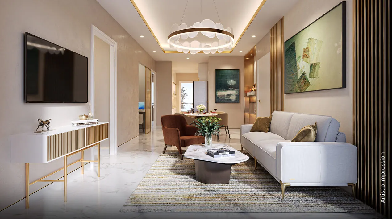 Modern living room with a white sofa, brown chairs, and decorative wall art.