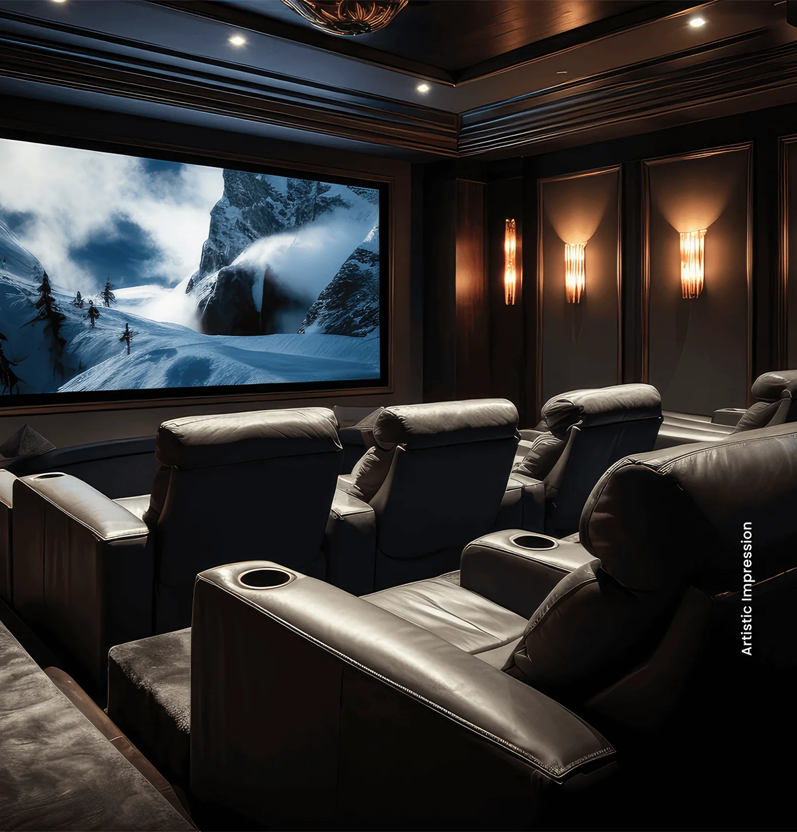 Luxurious home theatre with black leather recliners and a large screen displaying a snowy mountain scene.