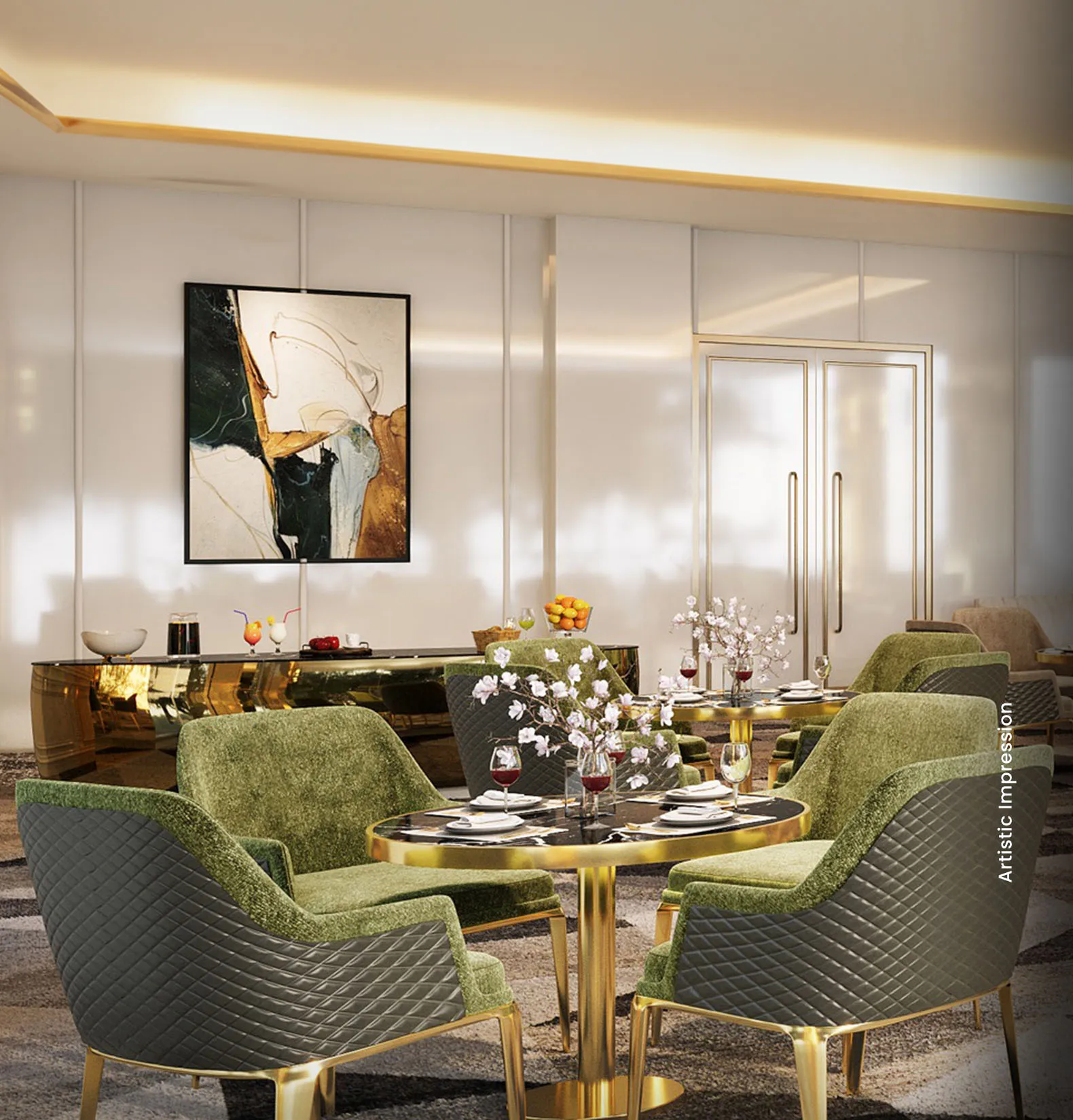 Stylish dining area with green chairs, round table, and decorative flowers on the table.