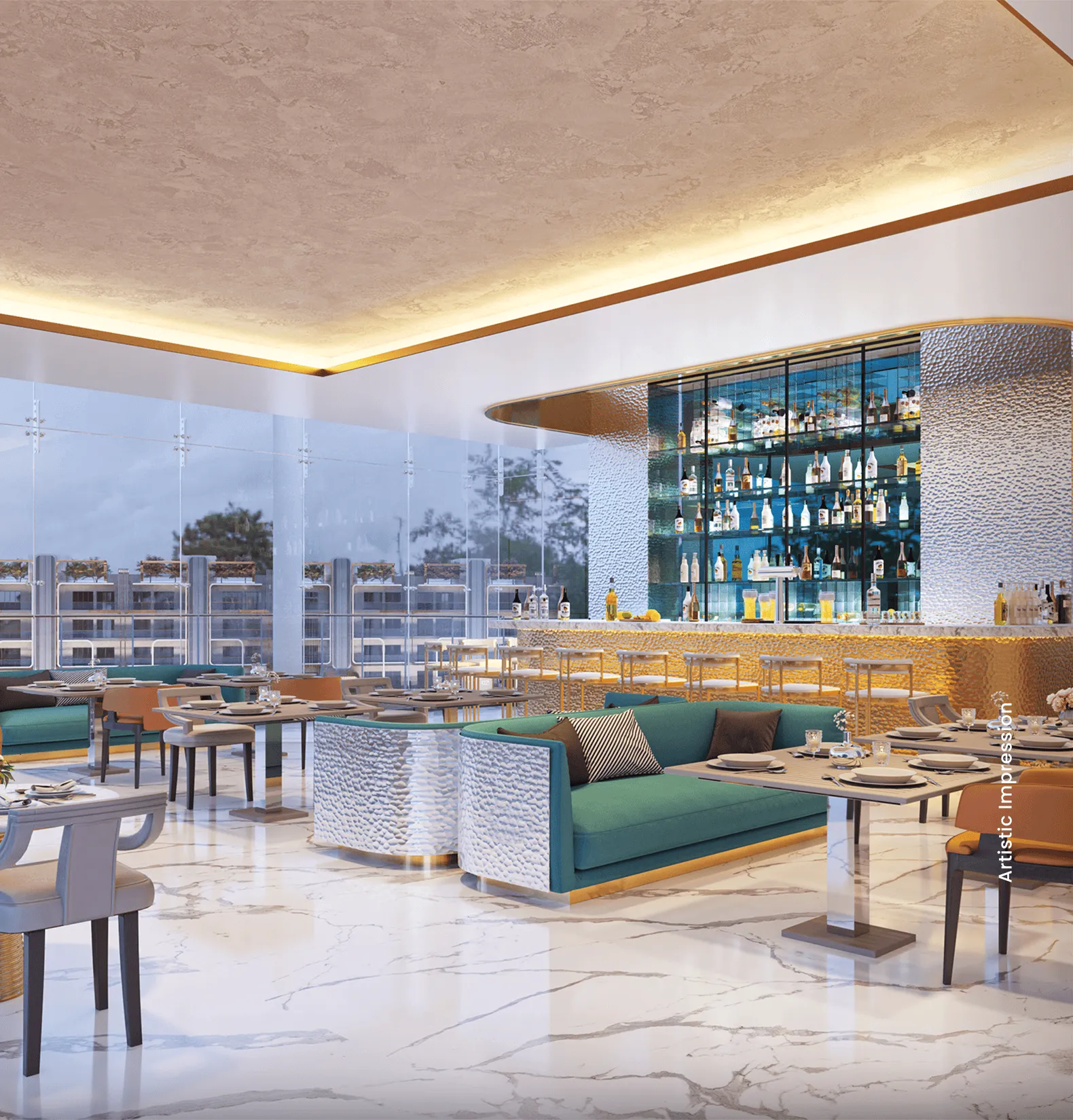 Modern restaurant with marble flooring, teal seating, bar with bottles, and large windows.