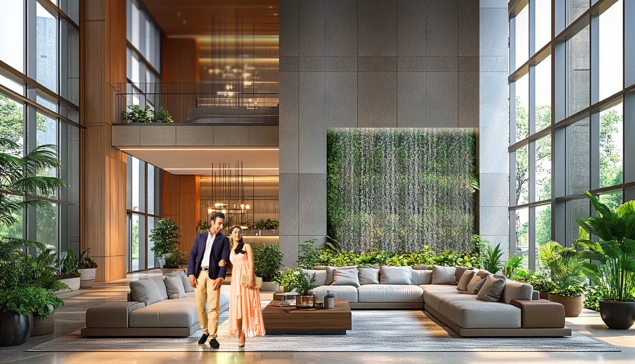 Modern lobby with large windows, green plants, and a couple walking by a waterfall wall.