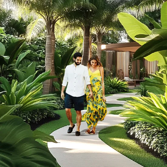 Couple walking hand in hand along a winding path surrounded by lush tropical plants.