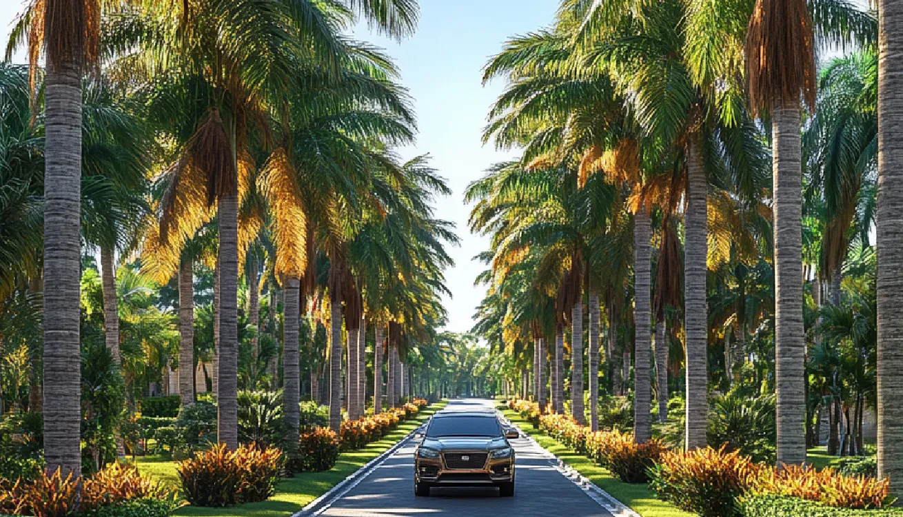 A scenic avenue lined with tall palm trees and lush greenery, featuring a black car on the road.