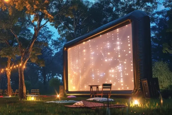 Inflatable screen set up in a forested area with soft lighting and seating.