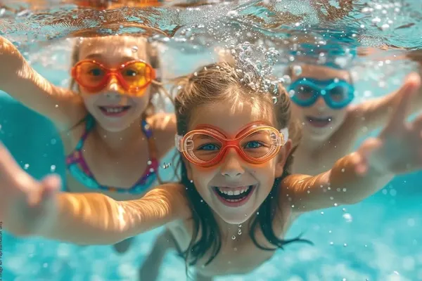 Three children smiling underwater, wearing colorful goggles, with bubbles and sunlight filtering through the water.