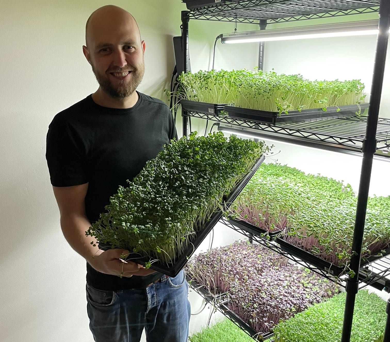 Sander, oprichter van Only Microgreens met een bak broccoli cressen